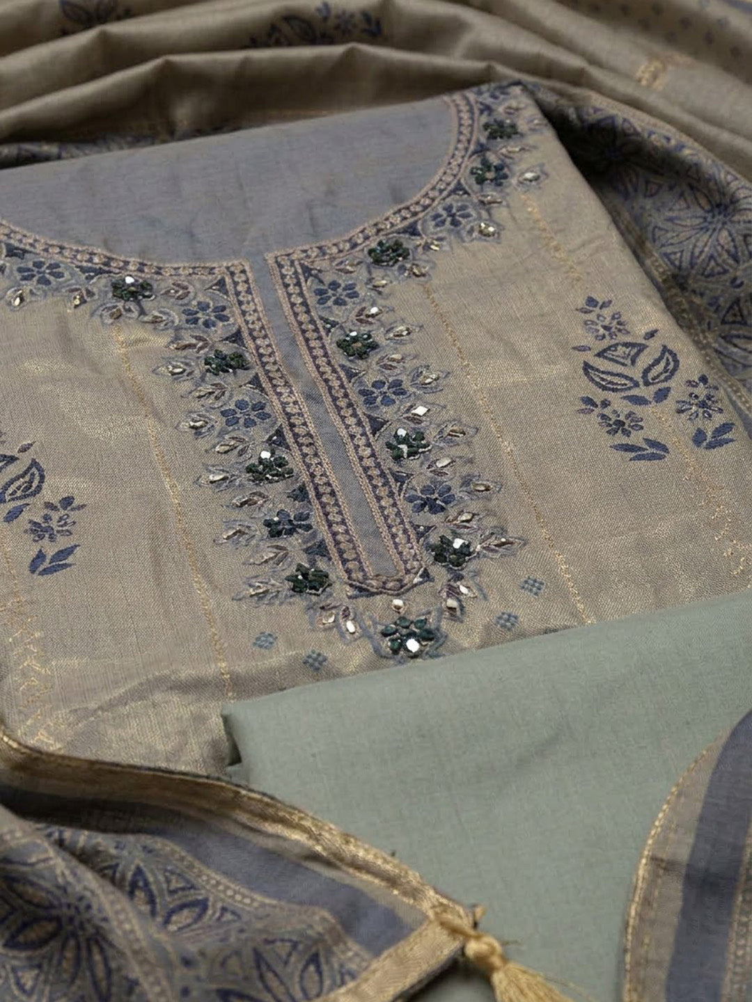 Blue Chanderi Embroidered Unstitched Dress Material