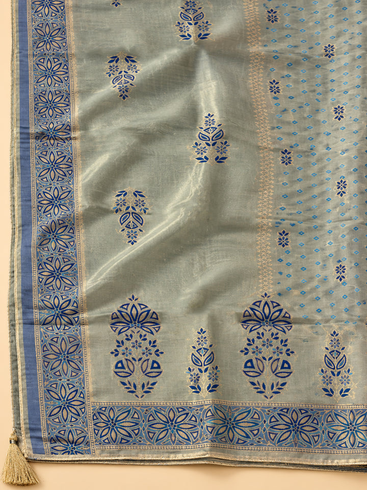 Blue Chanderi Embroidered Unstitched Dress Material