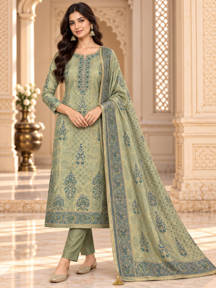 Green Chanderi Embroidered Unstitched Dress Material