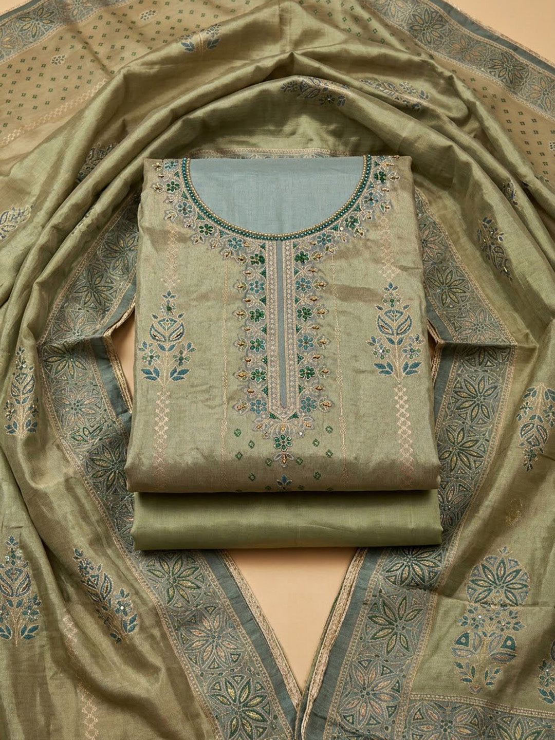 Green Chanderi Embroidered Unstitched Dress Material