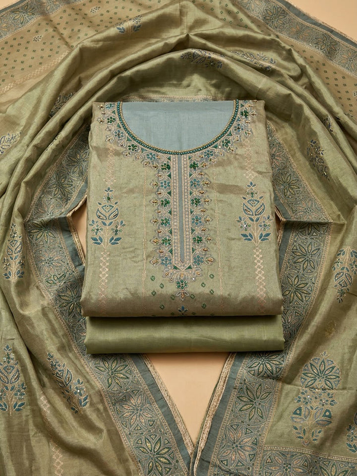 Green Chanderi Embroidered Unstitched Dress Material