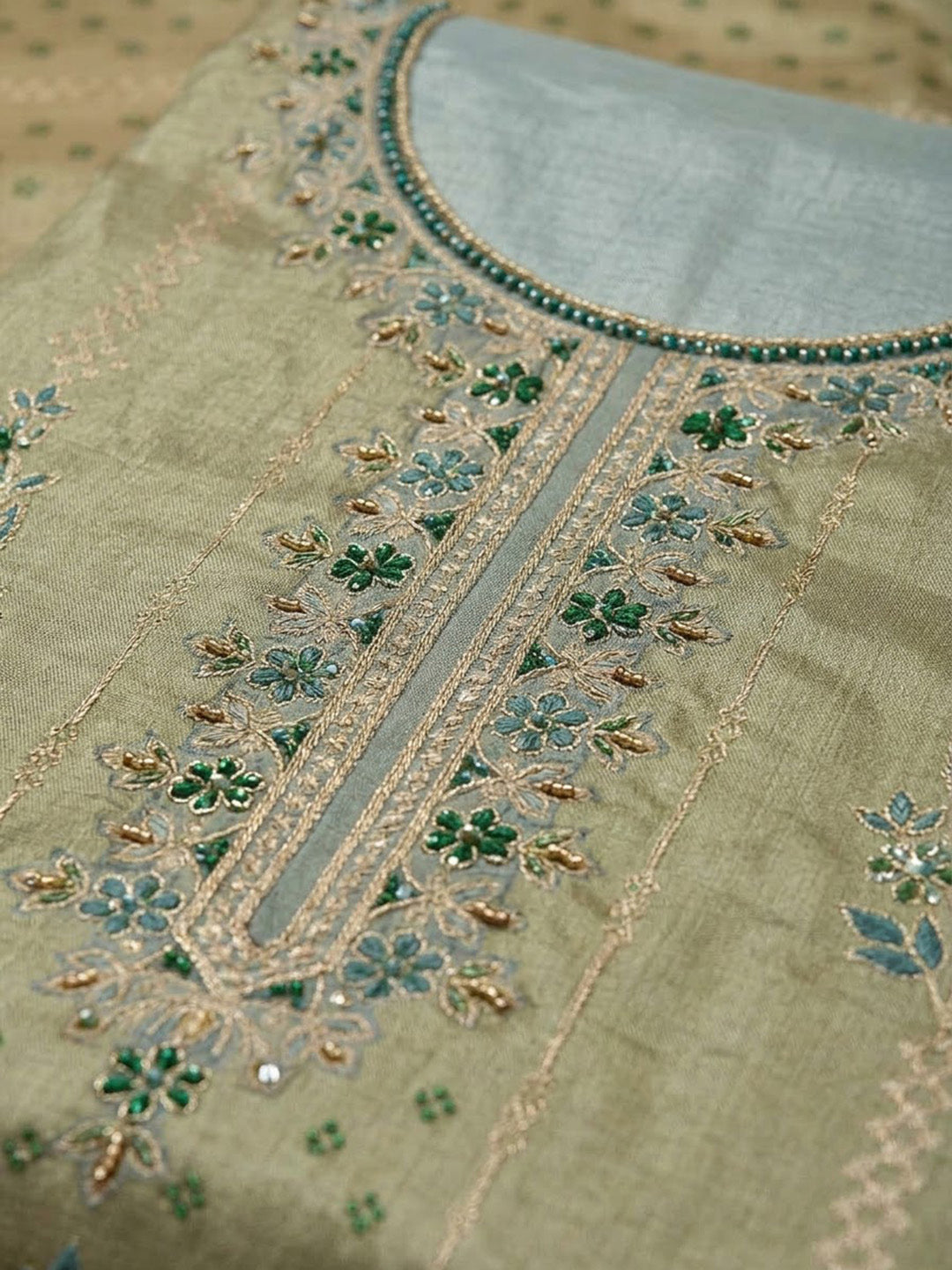 Green Chanderi Embroidered Unstitched Dress Material