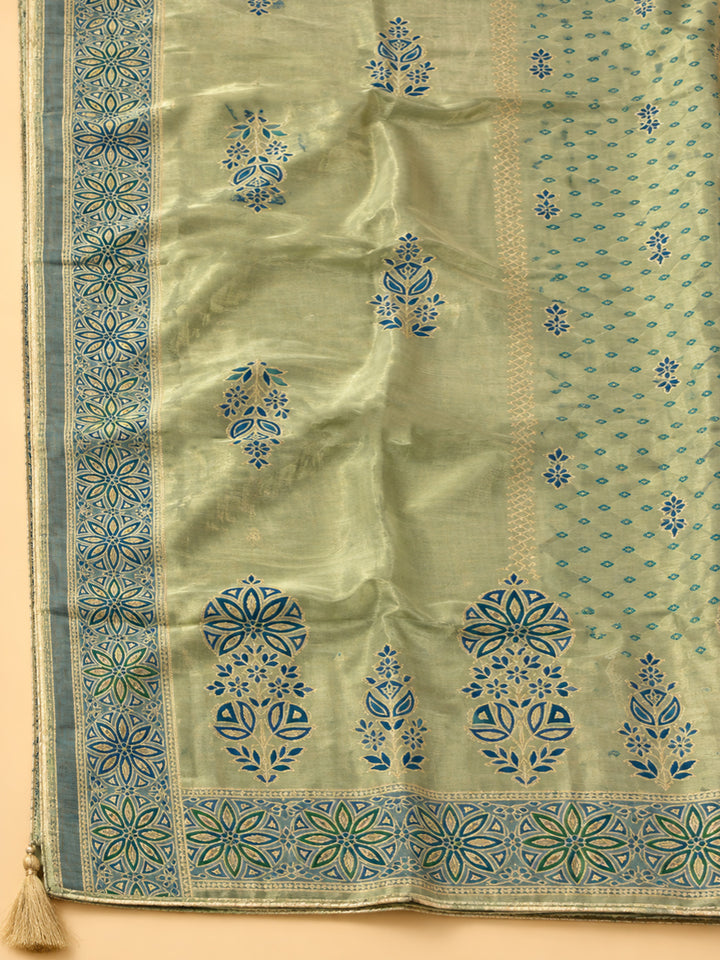 Green Chanderi Embroidered Unstitched Dress Material