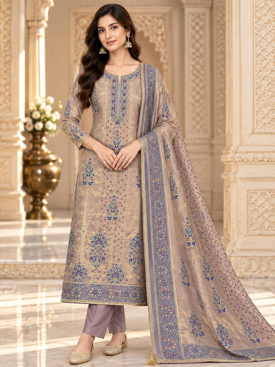 Onion-Pink Chanderi Embroidered Unstitched Dress Material