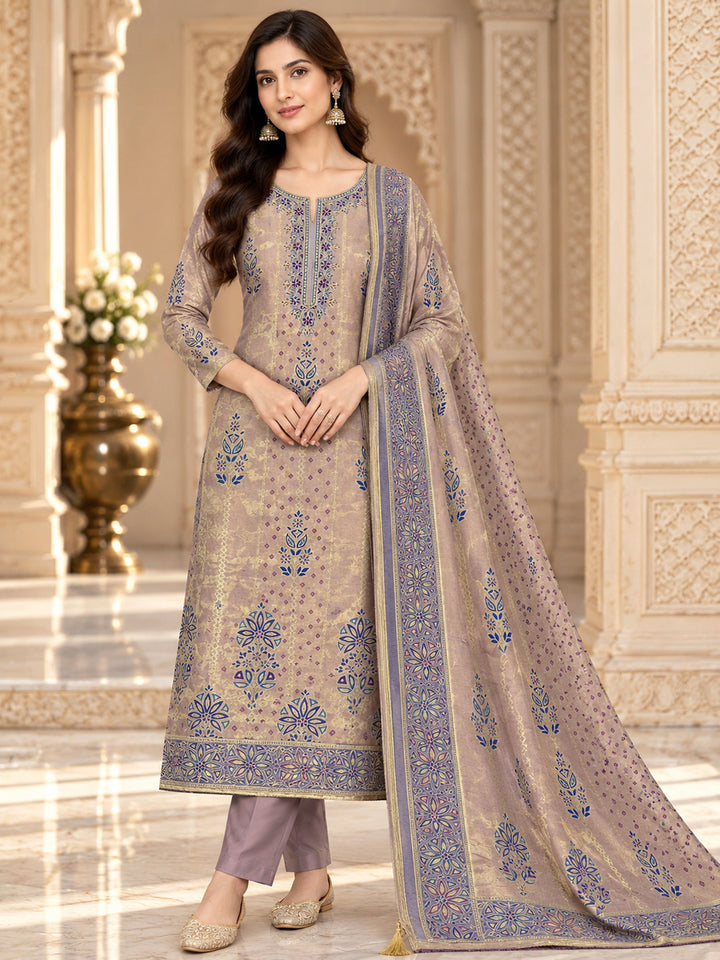 Onion-Pink Chanderi Embroidered Unstitched Dress Material