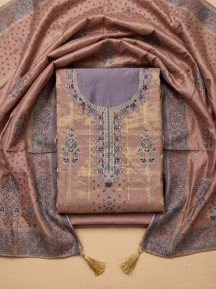 Onion-Pink Chanderi Embroidered Unstitched Dress Material