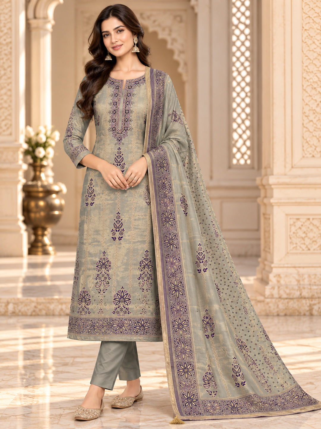 Purple Chanderi Embroidered Unstitched Dress Material