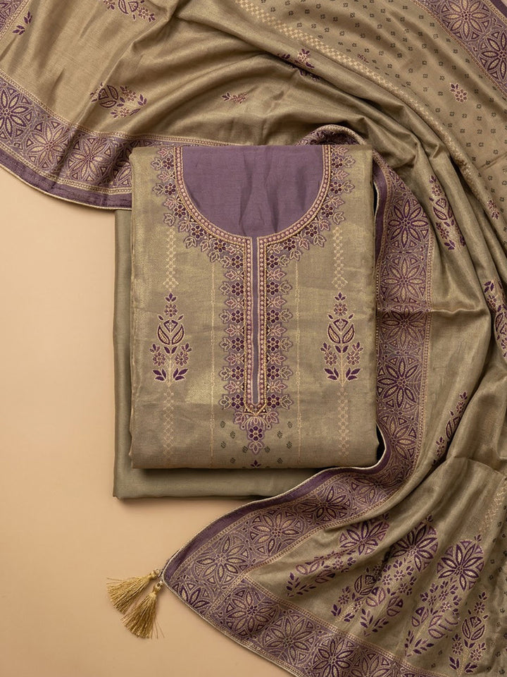 Purple Chanderi Embroidered Unstitched Dress Material