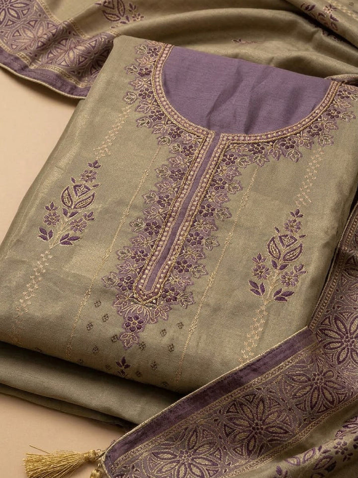 Purple Chanderi Embroidered Unstitched Dress Material