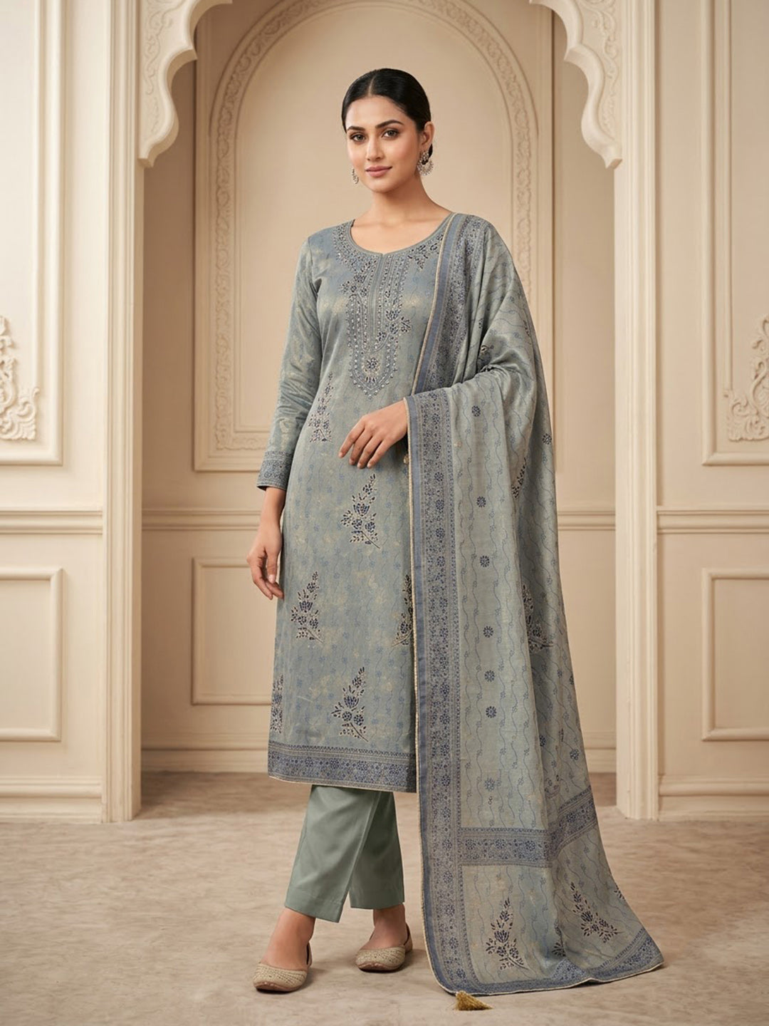 Blue Chanderi Embroidered Unstitched Dress Material