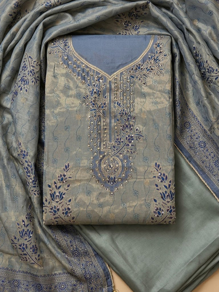Blue Chanderi Embroidered Unstitched Dress Material