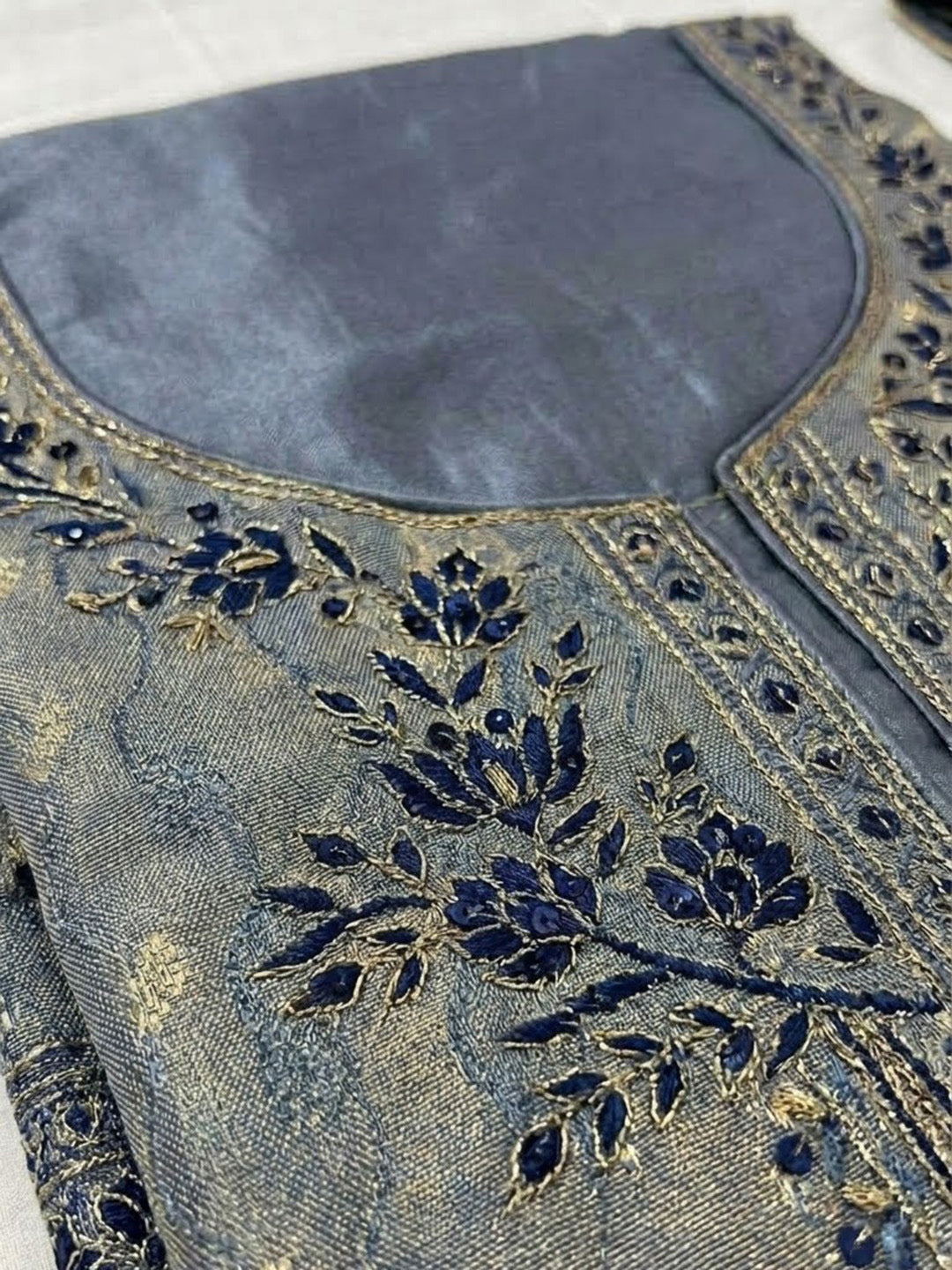 Blue Chanderi Embroidered Unstitched Dress Material