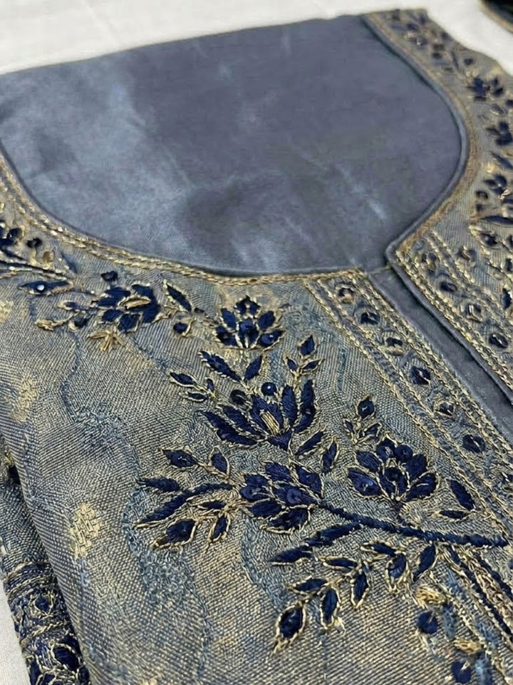 Blue Chanderi Embroidered Unstitched Dress Material
