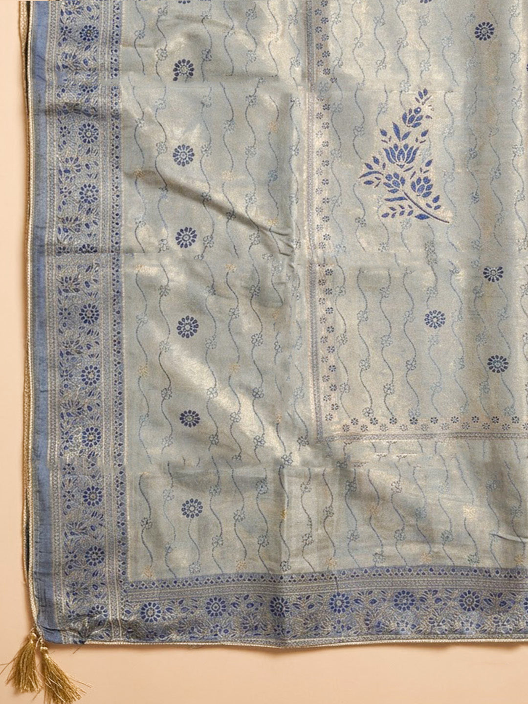 Blue Chanderi Embroidered Unstitched Dress Material