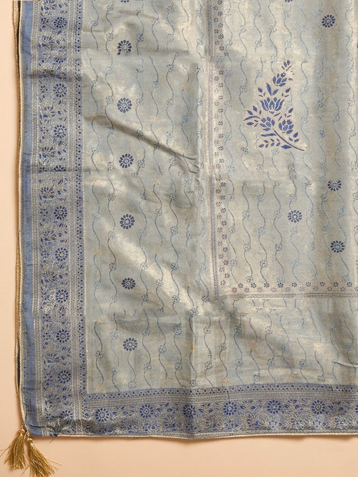 Blue Chanderi Embroidered Unstitched Dress Material