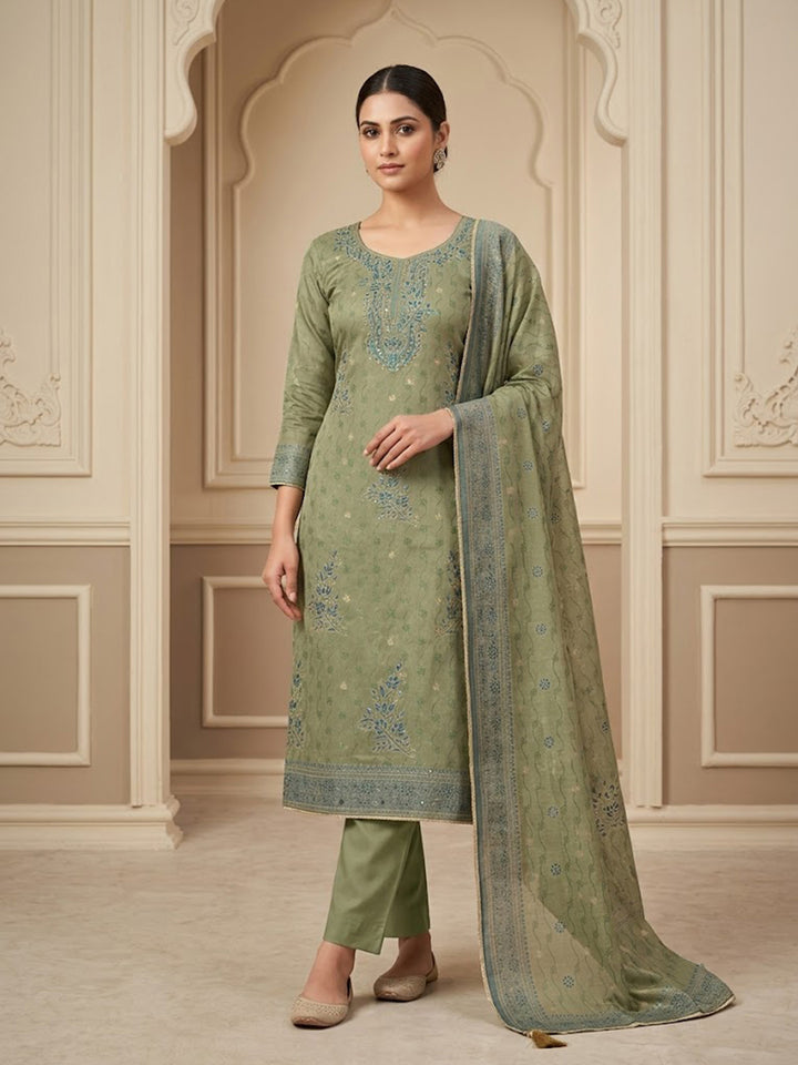 Green Chanderi Embroidered Unstitched Dress Material
