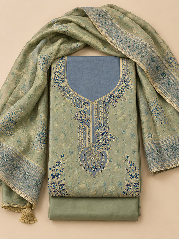 Green Chanderi Embroidered Unstitched Dress Material