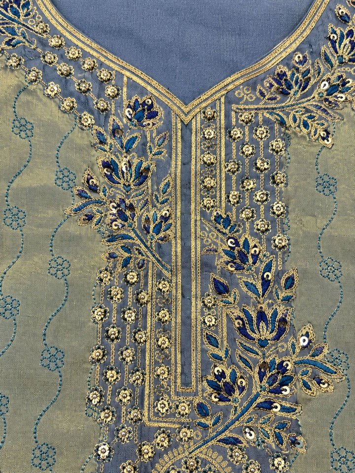 Green Chanderi Embroidered Unstitched Dress Material