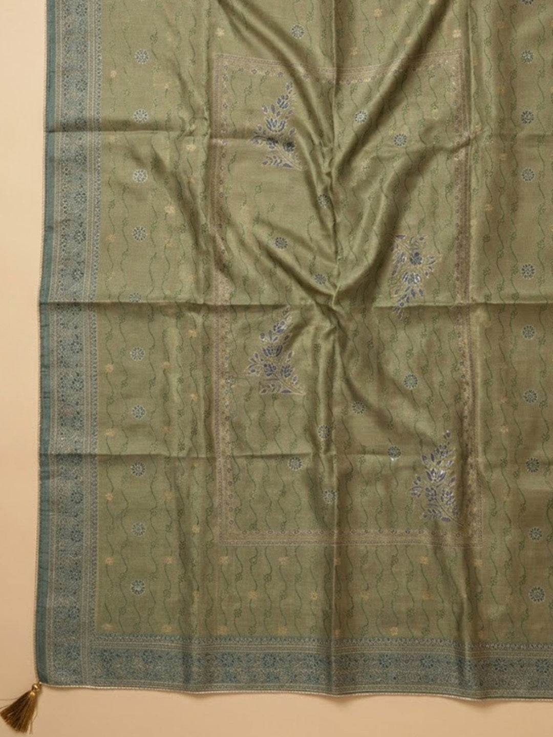 Green Chanderi Embroidered Unstitched Dress Material