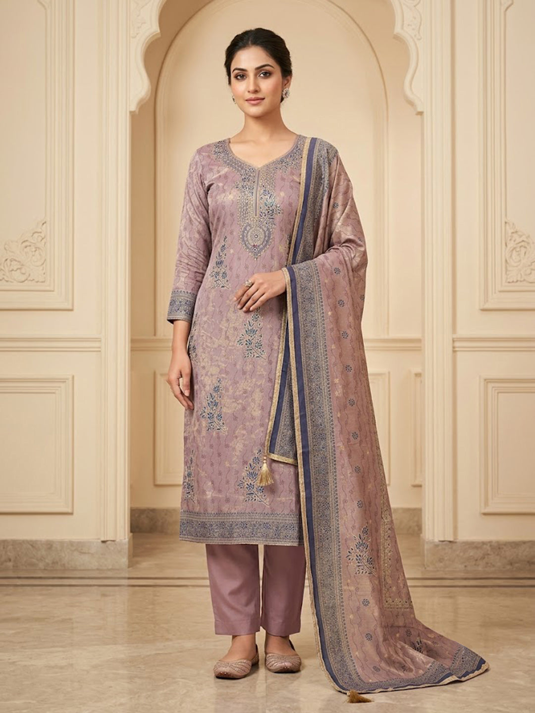 Purple Chanderi Embroidered Unstitched Dress Material
