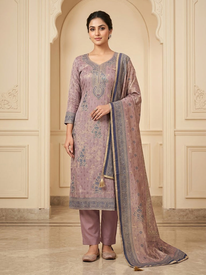 Purple Chanderi Embroidered Unstitched Dress Material