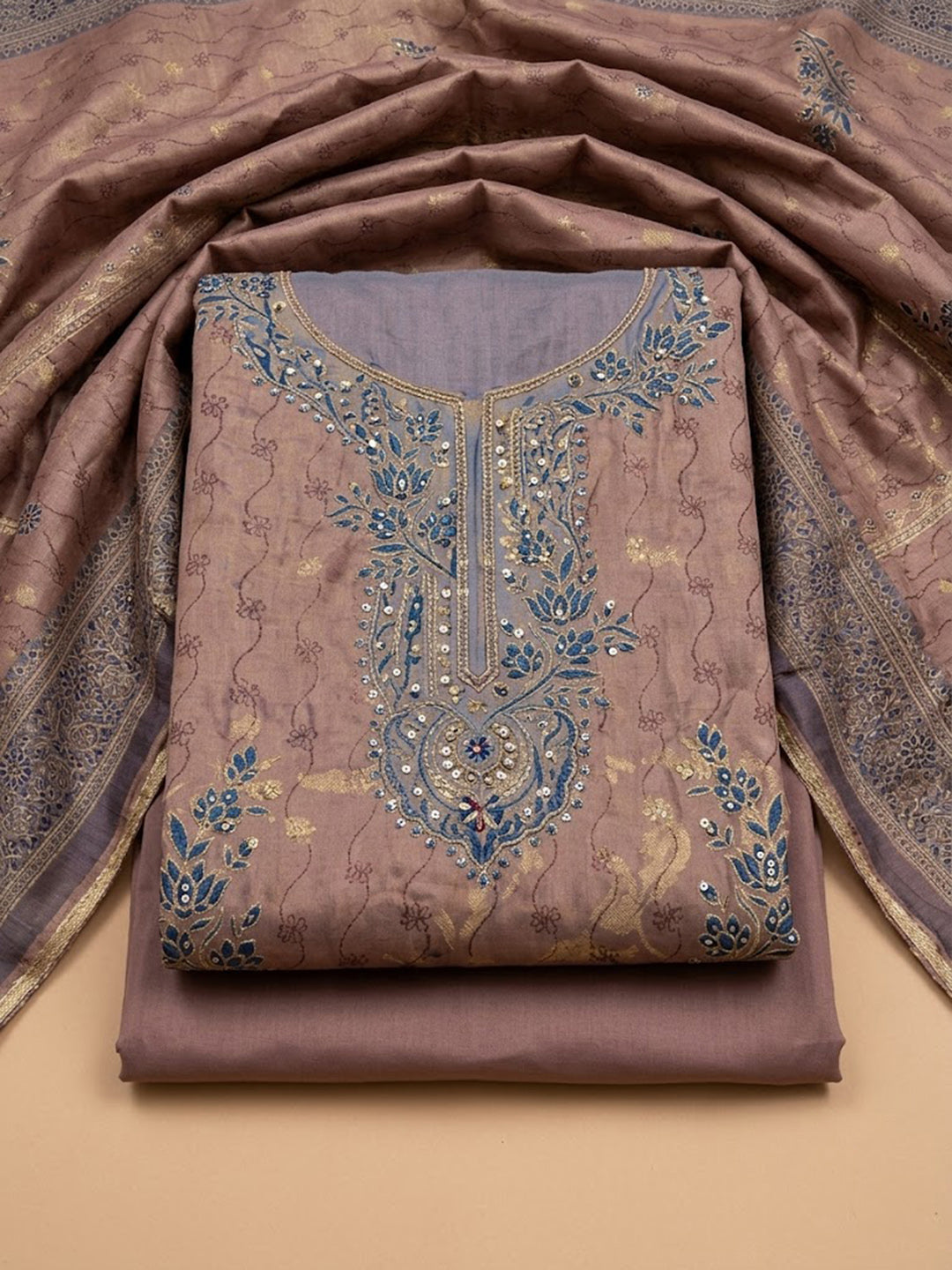 Purple Chanderi Embroidered Unstitched Dress Material