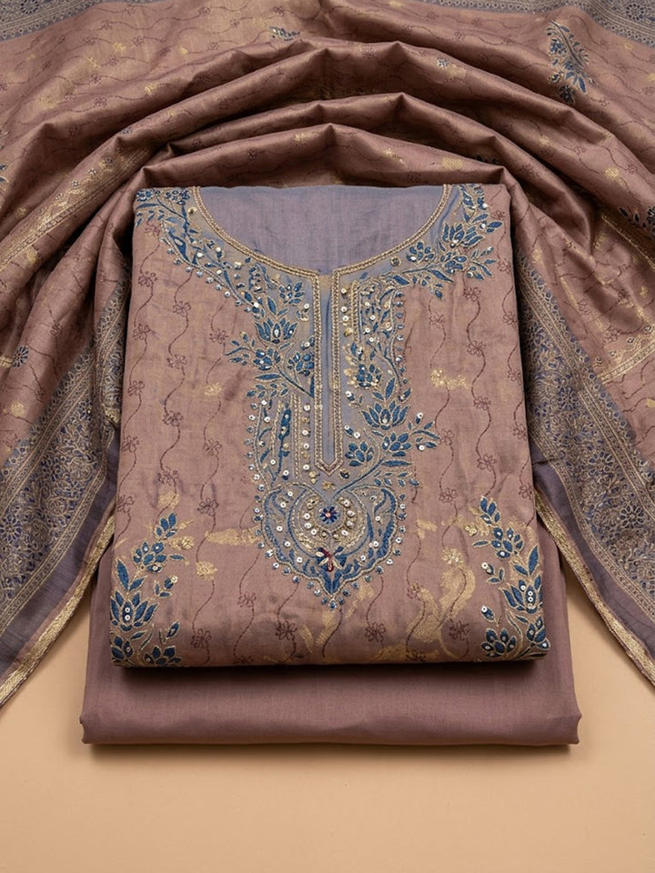 Purple Chanderi Embroidered Unstitched Dress Material