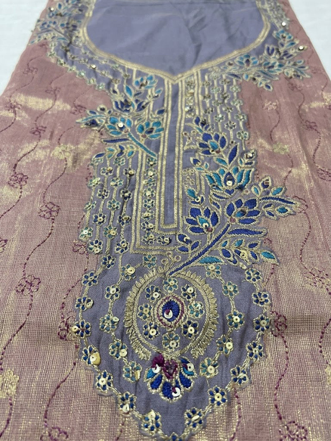 Purple Chanderi Embroidered Unstitched Dress Material