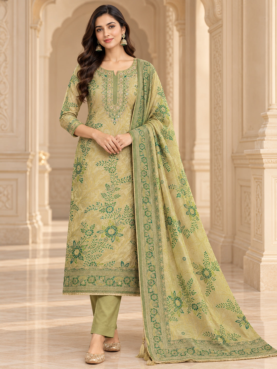 Mehndi Chanderi Embroidered Unstitched Dress Material