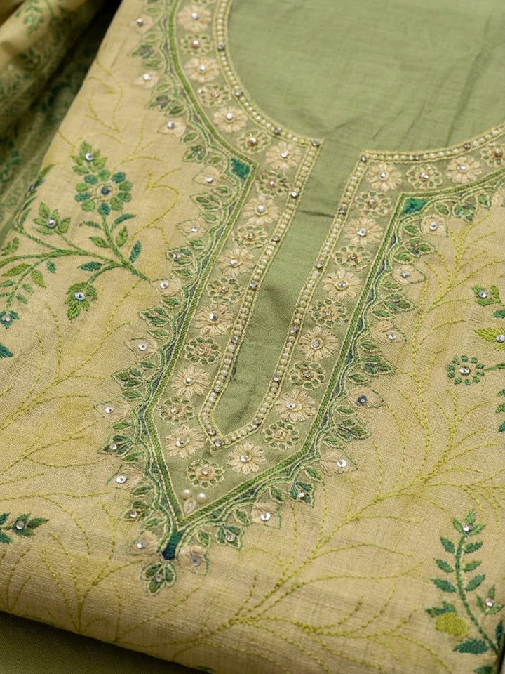 Mehndi Chanderi Embroidered Unstitched Dress Material