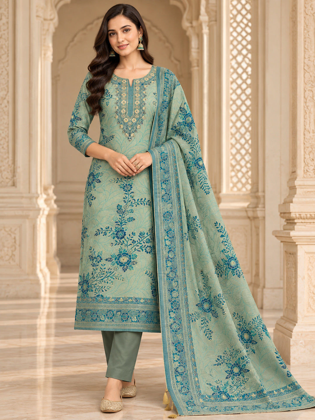 Sea-Green Chanderi Embroidered Unstitched Dress Material