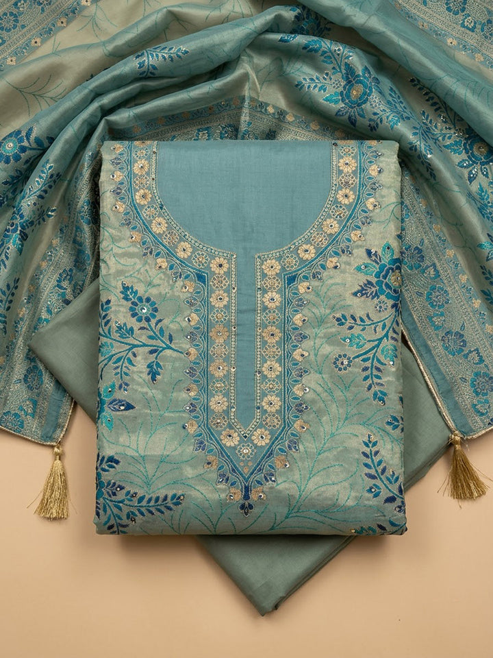 Sea-Green Chanderi Embroidered Unstitched Dress Material