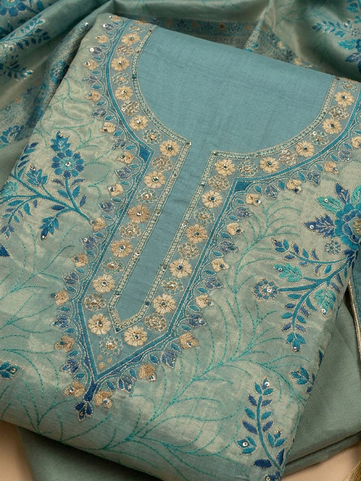 Sea-Green Chanderi Embroidered Unstitched Dress Material