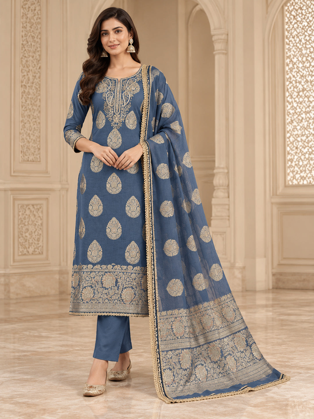 Lake-Blue Chanderi Embroidered Unstitched Dress Material