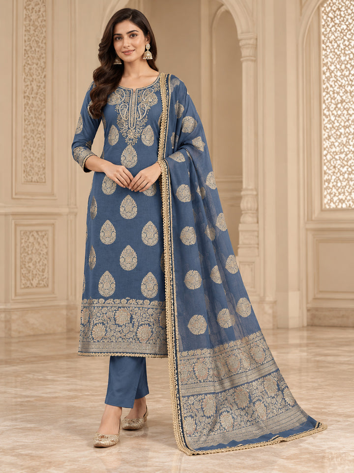 Lake-Blue Chanderi Embroidered Unstitched Dress Material