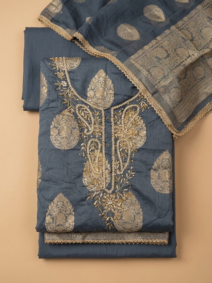 Lake-Blue Chanderi Embroidered Unstitched Dress Material