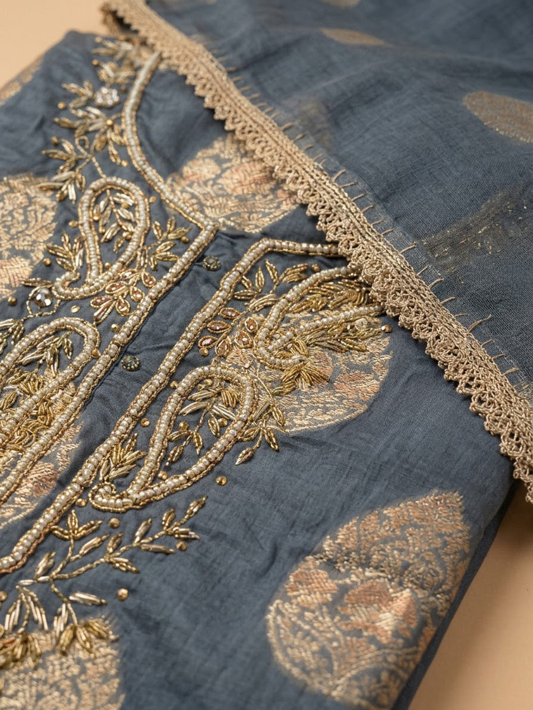 Lake-Blue Chanderi Embroidered Unstitched Dress Material