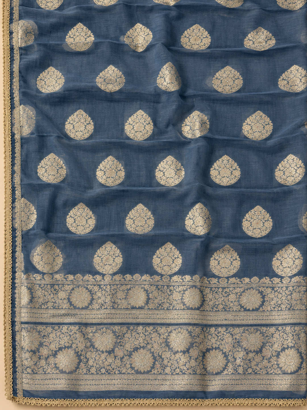 Lake-Blue Chanderi Embroidered Unstitched Dress Material