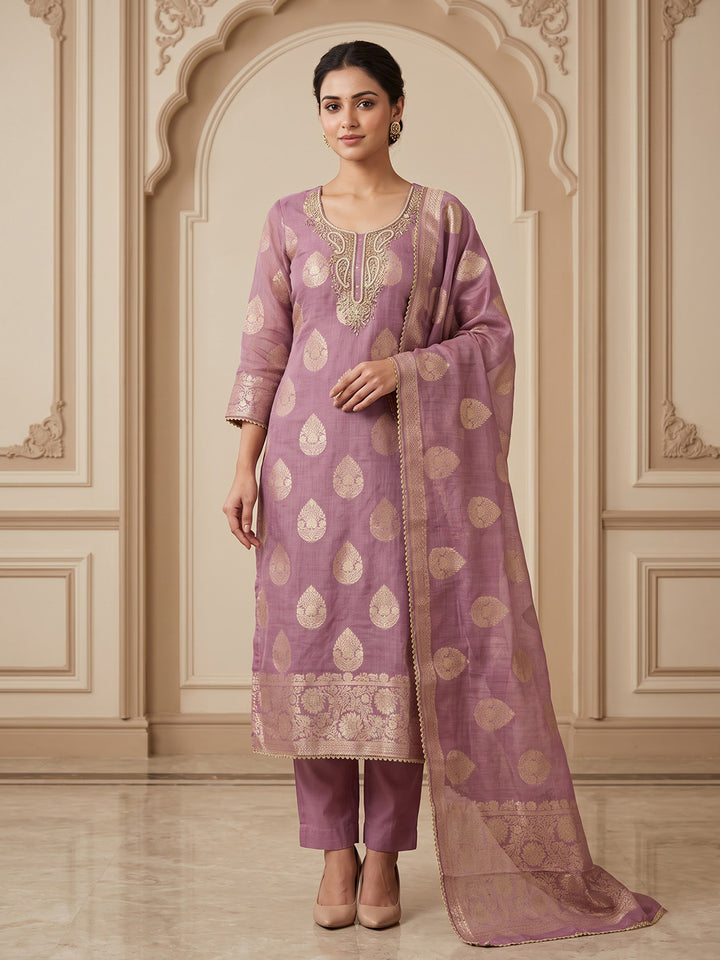 Purple Chanderi Embroidered Unstitched Dress Material