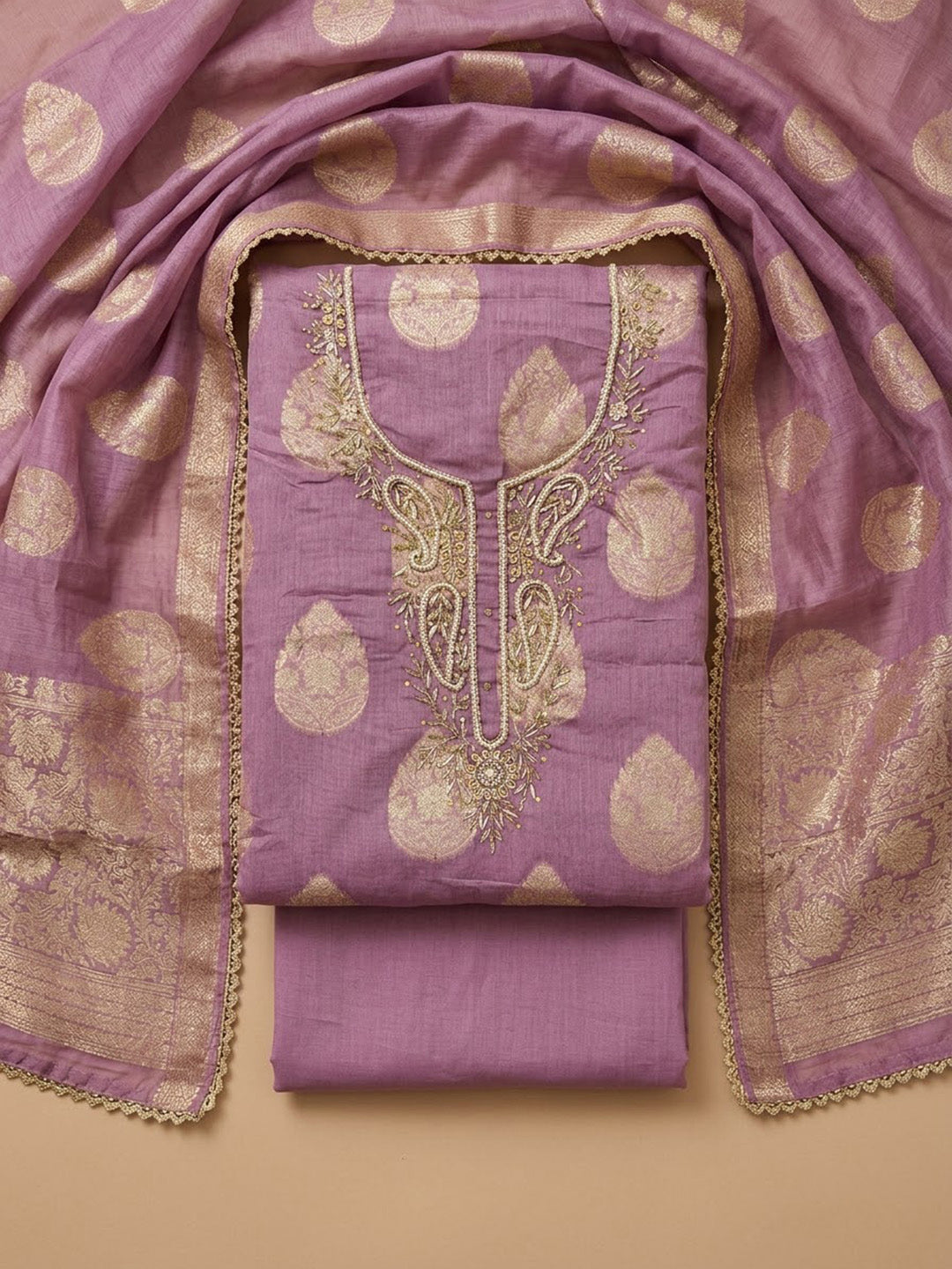 Purple Chanderi Embroidered Unstitched Dress Material