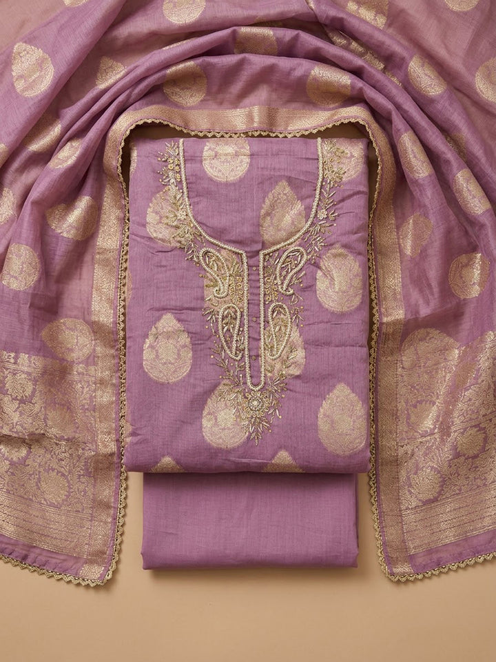 Purple Chanderi Embroidered Unstitched Dress Material