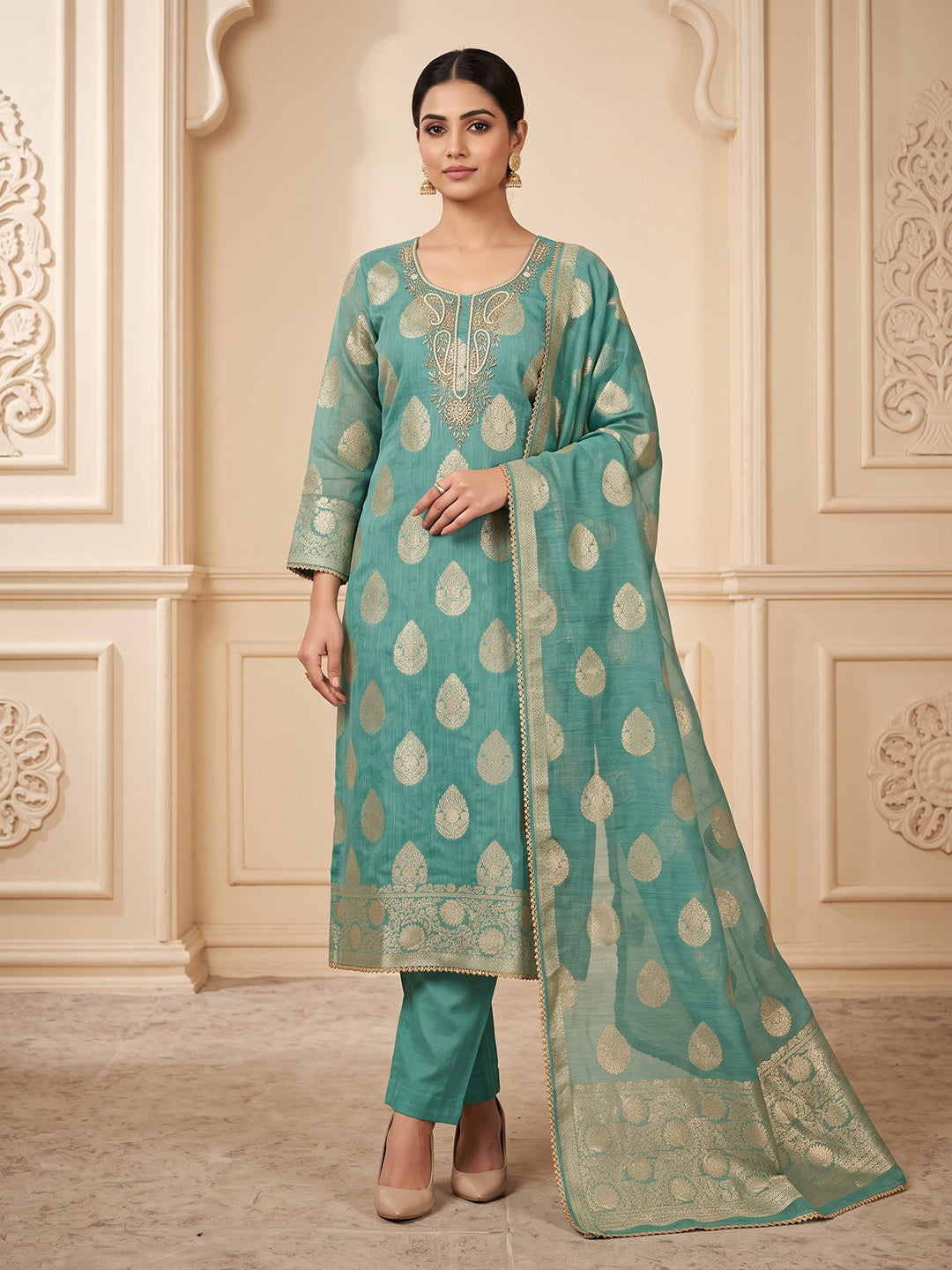 Rama-Green Chanderi Embroidered Unstitched Dress Material