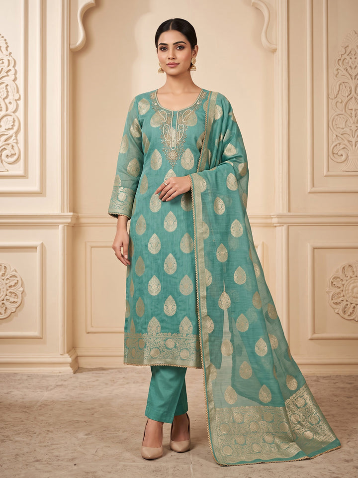 Rama-Green Chanderi Embroidered Unstitched Dress Material