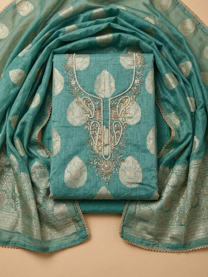 Rama-Green Chanderi Embroidered Unstitched Dress Material