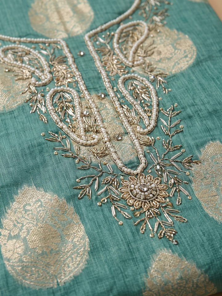 Rama-Green Chanderi Embroidered Unstitched Dress Material