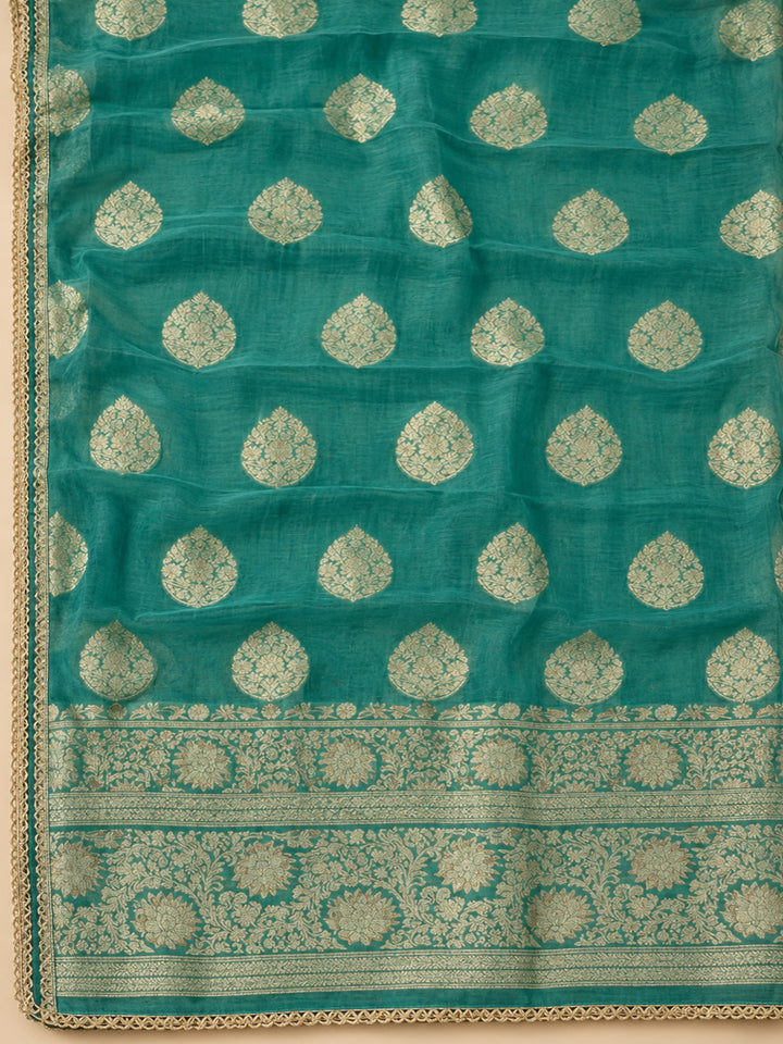 Rama-Green Chanderi Embroidered Unstitched Dress Material