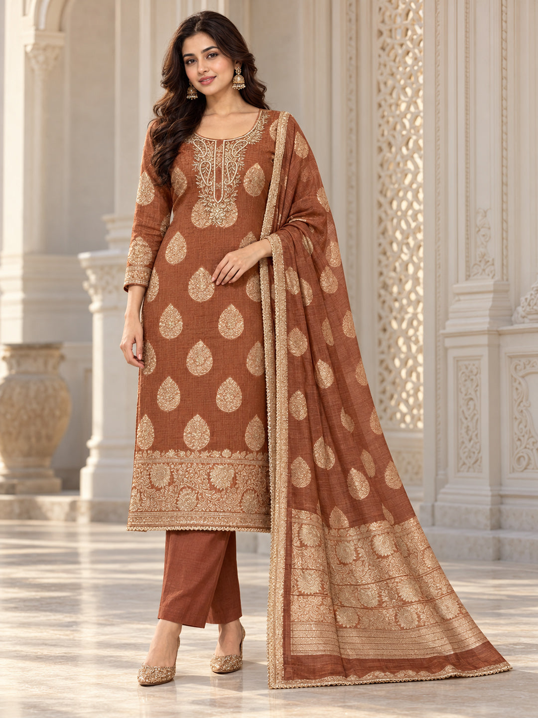 Rust Chanderi Embroidered Unstitched Dress Material