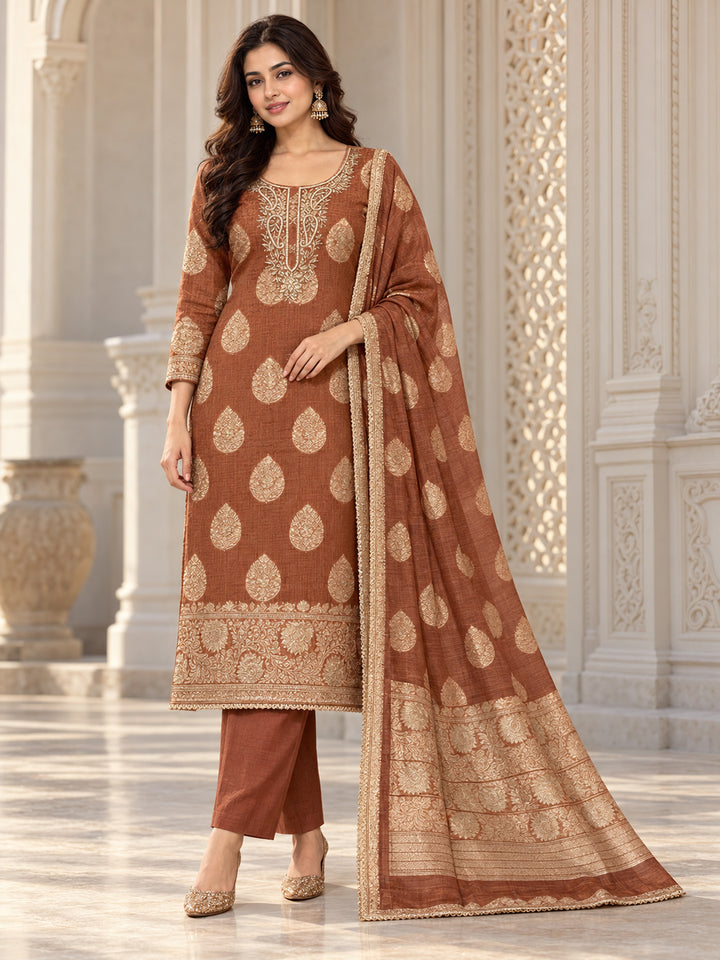 Rust Chanderi Embroidered Unstitched Dress Material