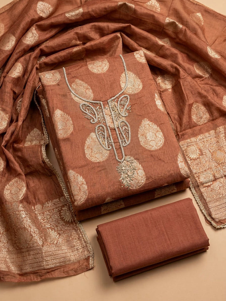 Rust Chanderi Embroidered Unstitched Dress Material