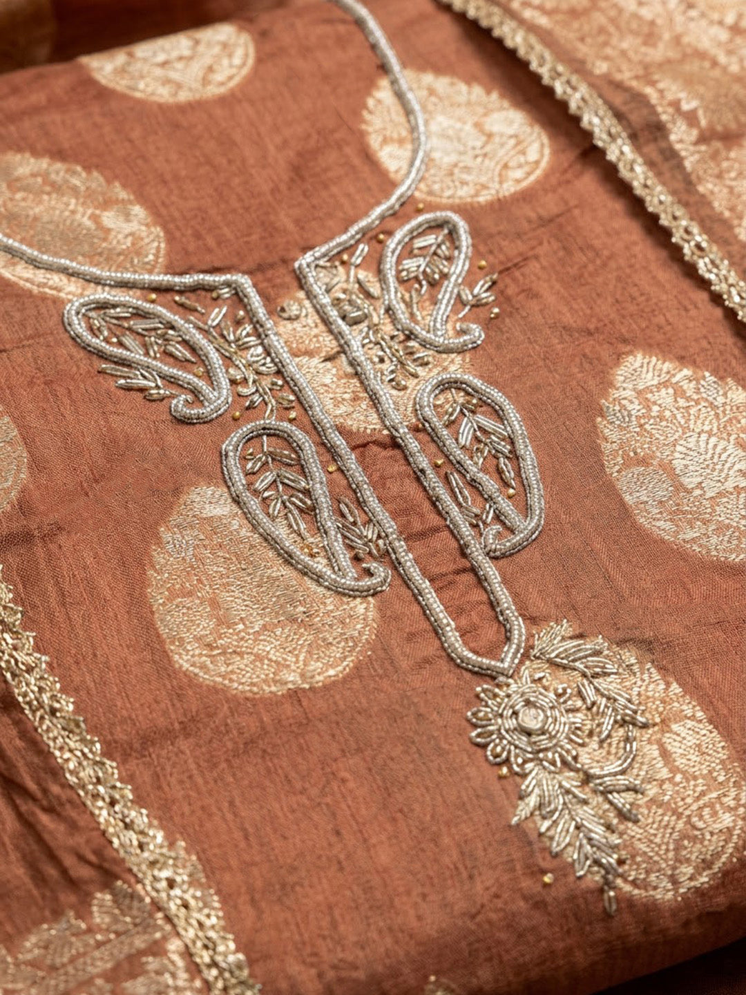 Rust Chanderi Embroidered Unstitched Dress Material